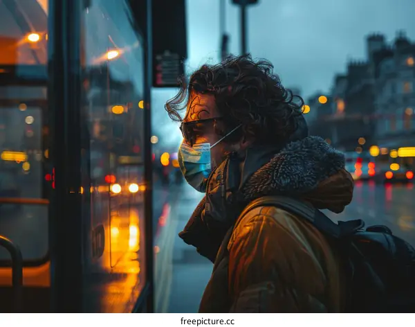 Man wearing a mask waiting for the bus