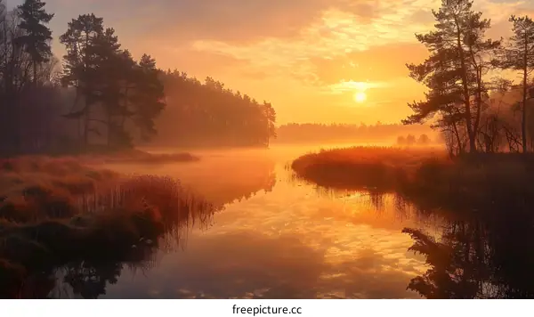 Sunrise Over a Misty Lake