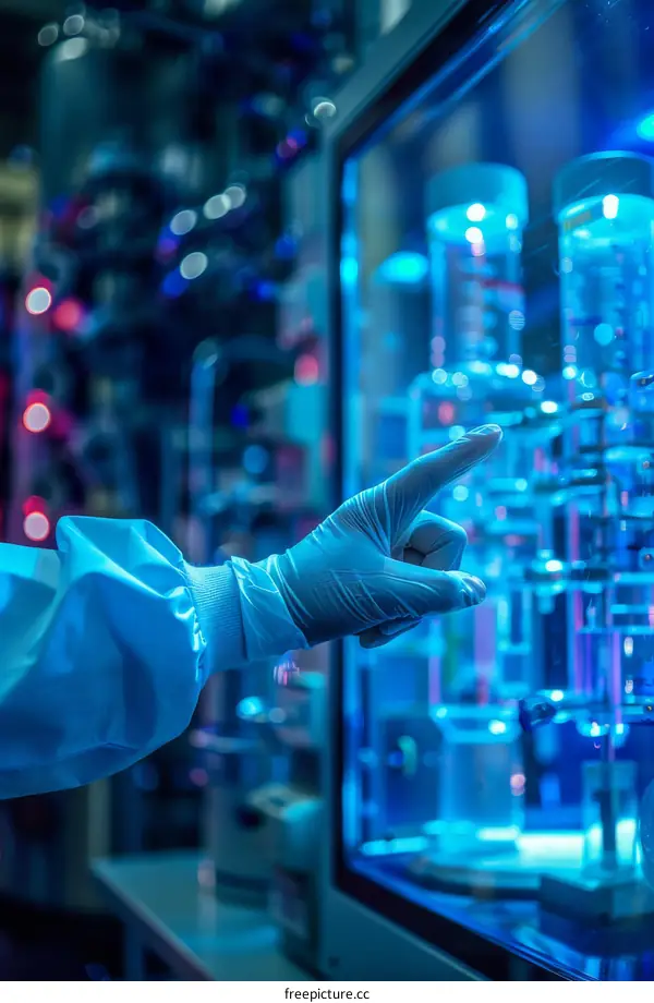 Blue gloved hand adjusting equipment in a lab