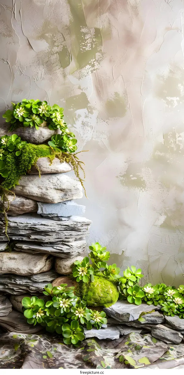 Stack of Rocks with Green Plants and Moss