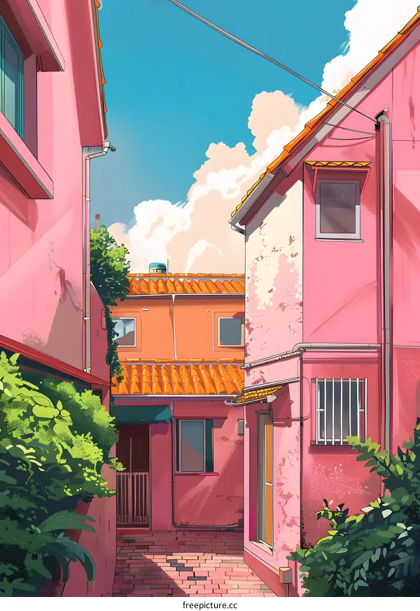 Pink Alleyway Illustration with Orange Roof Tiles