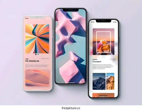 Three Modern Phone Mockups with Abstract Designs