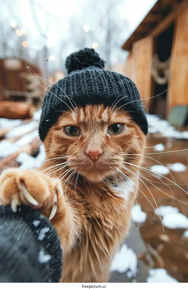 ginger cat wearing black beanie staring at camera