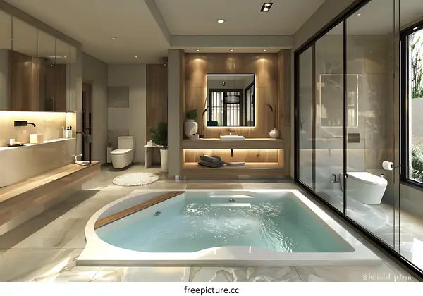 3D rendering of a luxury bathroom design with bathtub