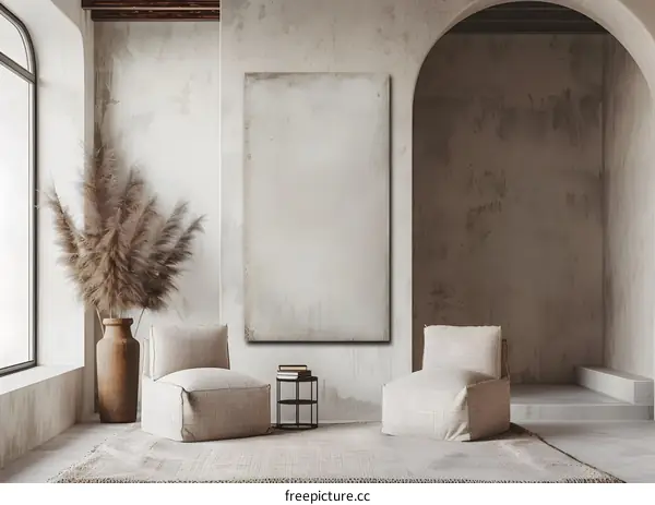 Minimalist Living Room Interior Design with Beige Armchairs and a Blank Canvas