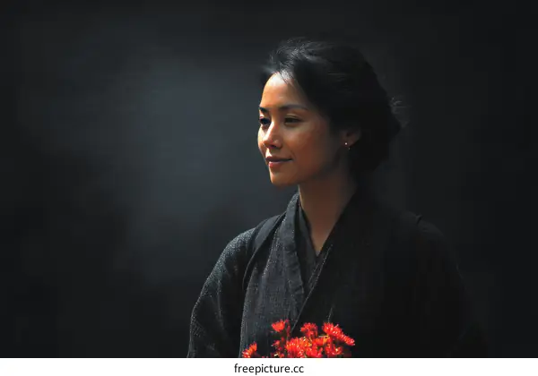 Asian Woman in Traditional Outfit with Flowers