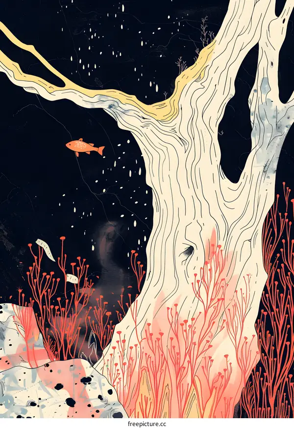 Abstract Underwater Illustration with Tree Trunk, Coral and Fish