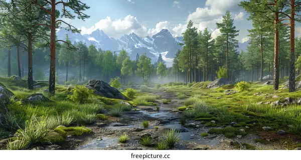 Misty forest path in the mountains