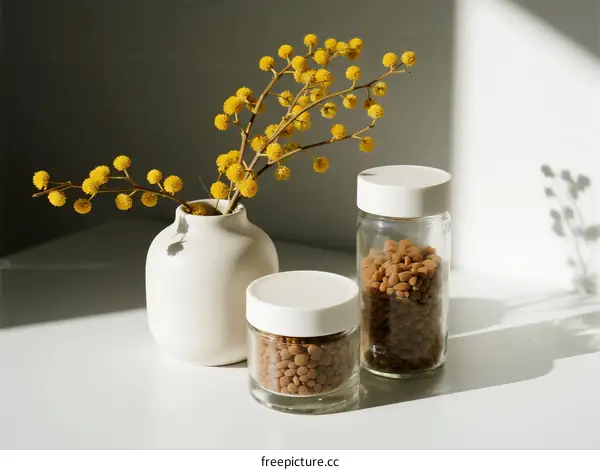 White ceramic vase with yellow flowers and glass jars containing granules on white surface