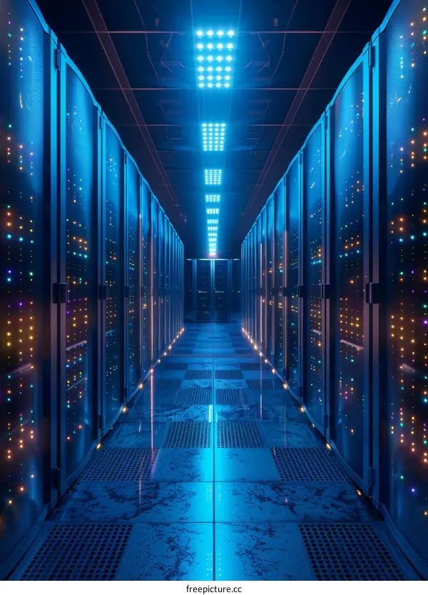 Futuristic server room with blue and yellow lights