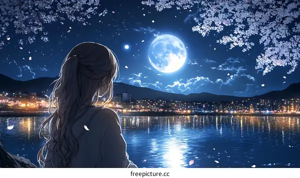 A Melancholy Night Under the Full Moon in a City with Cherry Blossoms