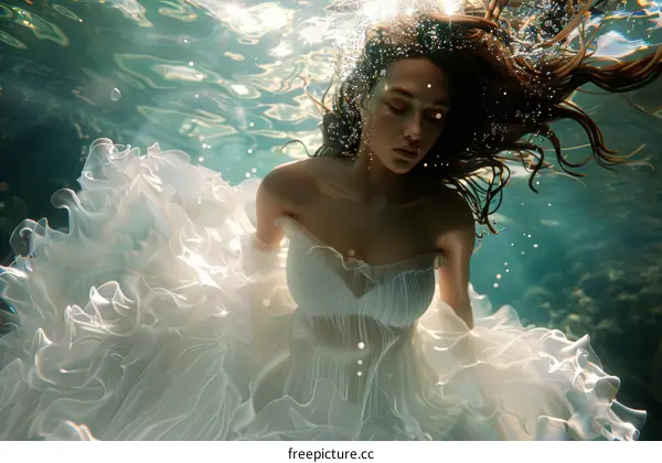Ethereal Underwater Portrait of a Woman in a White Gown