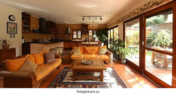The open concept living room has a large sofa, coffee table, rug and several plants.