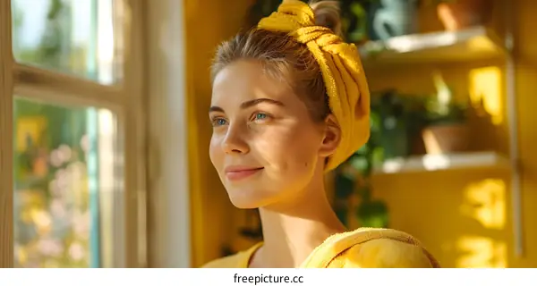 Woman with a towel on her head, looking out the window