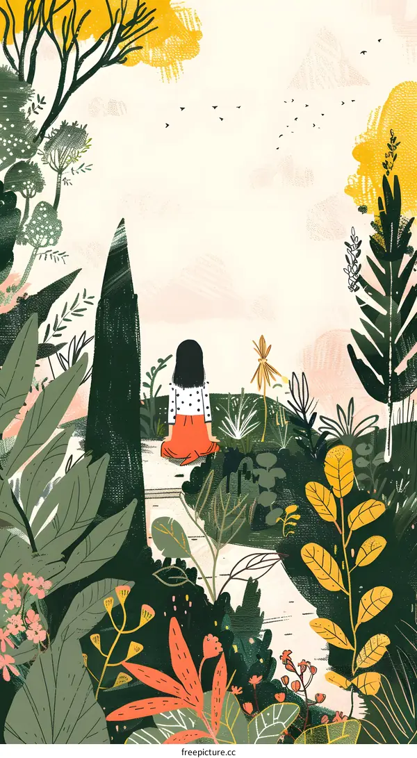 Woman Sitting in a Lush Garden Looking Out at the Birds