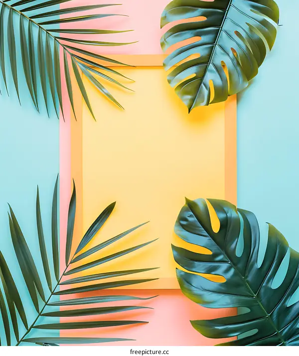 Tropical Leaf Frame on Colorful Background