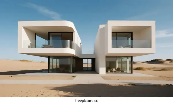 Modern White Two-story Villa with Large Glass Windows in Desert
