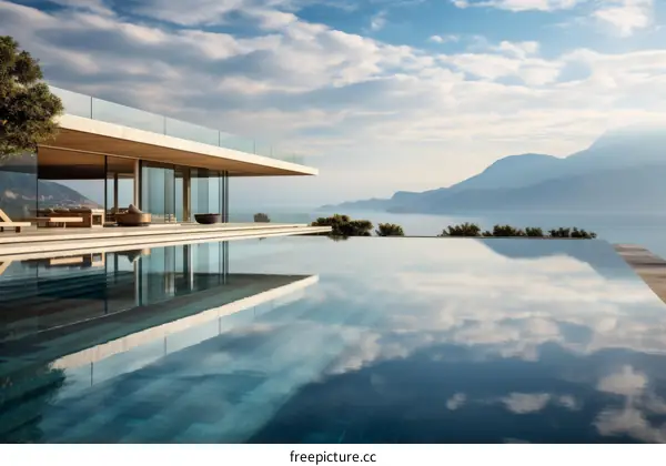 Modern villa with infinity pool overlooking the ocean and mountains