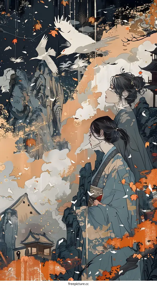 Two Women in Traditional Chinese Clothing Standing in Front of a Mountain Scene with Birds Flying