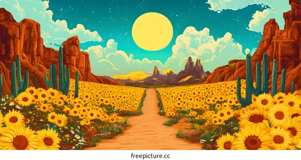 Sunflowers Field in the Desert with a Full Moon