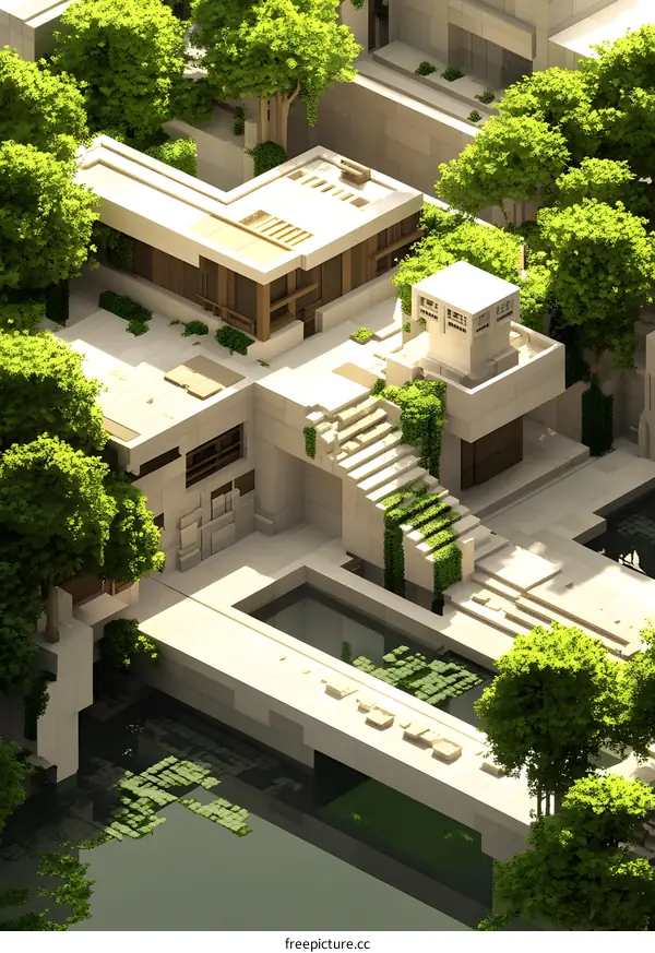 Modern Architecture with Geometric Shapes and Lush Greenery