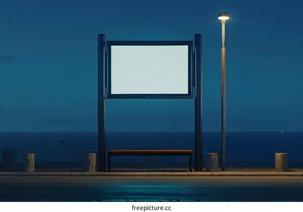 Blank Billboard With Bench At Night By The Sea