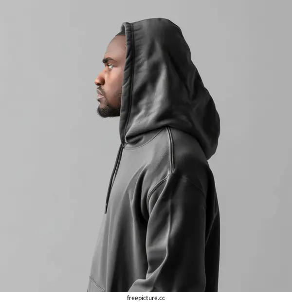 Black man wearing gray hoodie looking away