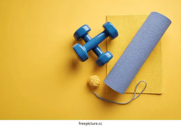 Workout Equipment Flat Lay on Yellow Background