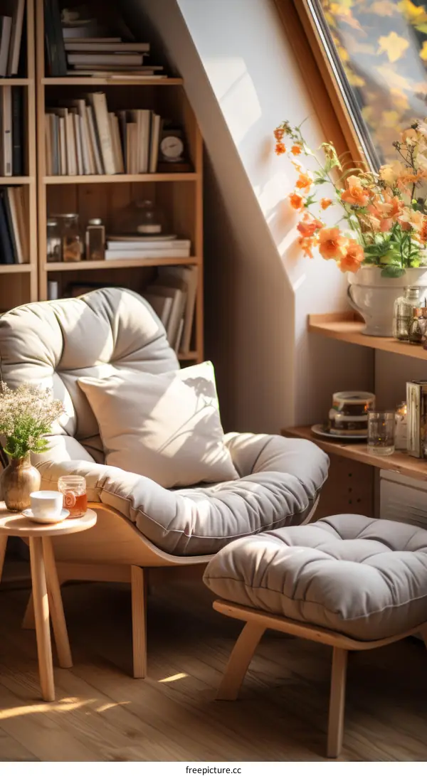 A welcoming reading nook with a comfy chair, cozy ottoman, and bookshelf full of books