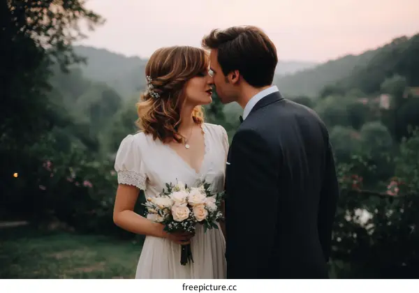 Couple Kissing Outdoors at a Wedding Ceremony