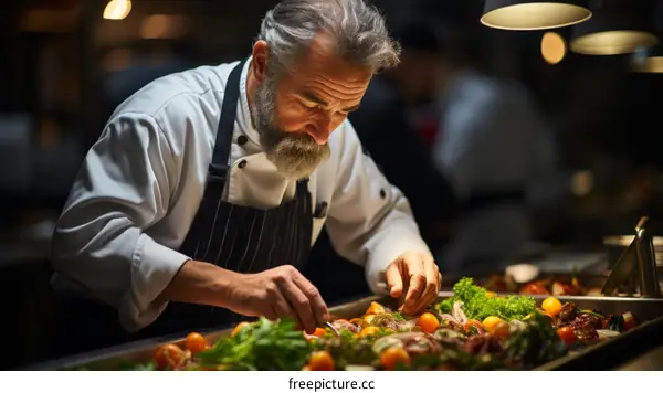 Focused male chef carefully preparing delicious dish in commercial kitchen