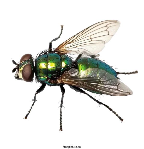 [Transparent Background PNG]Close-up of a Metallic Green Fly on a White Background
