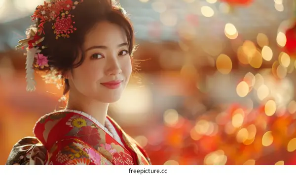 Portrait of a beautiful Japanese woman in traditional kimono