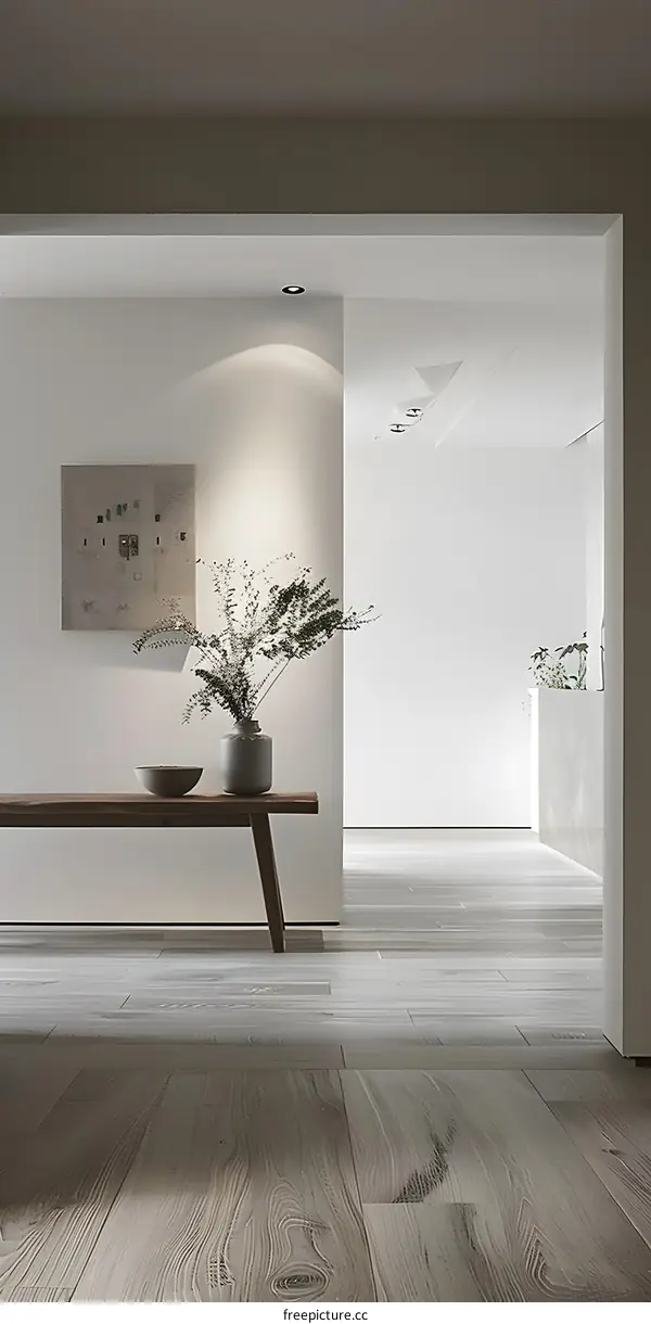 Minimalist Interior Design with Wood Floor and Green Plant