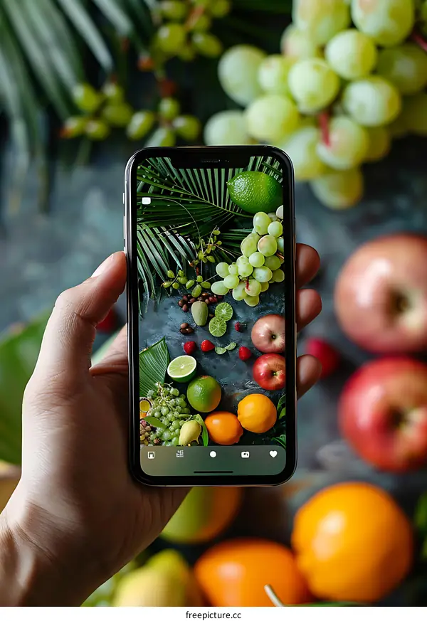 Hand Holding Smartphone Taking Photo of Fruits Arrangement