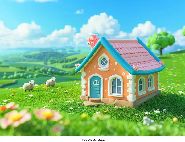 3D rendering of a cartoon house in a grassy field
