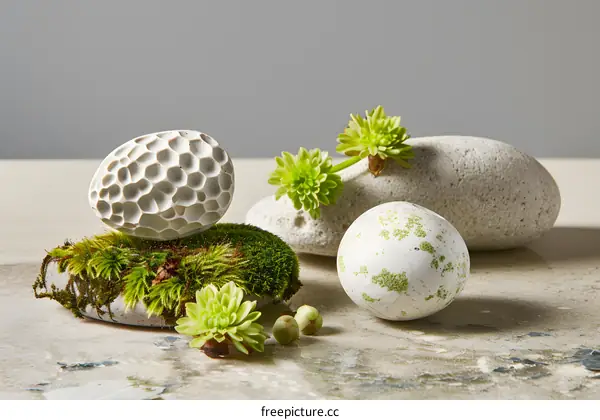 Decorative White Stones with Moss and Succulents