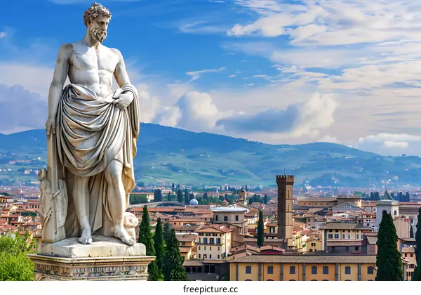 Marble Statue of Ancient Greek God in Front of Italian City