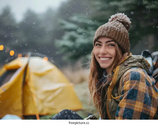 Young woman in the snow smiling at the camera