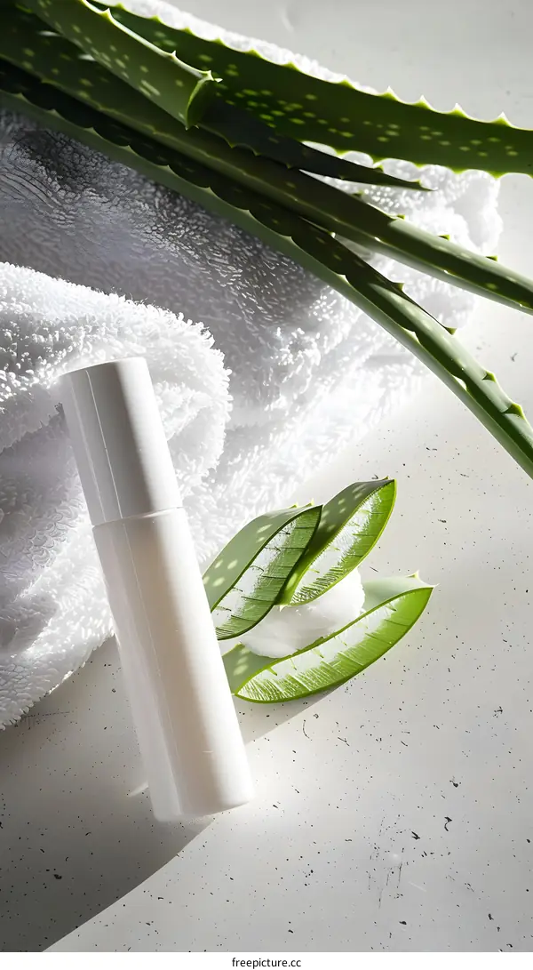Aloe Vera Plant Leaves and Bottle of Lotion on White Towel
