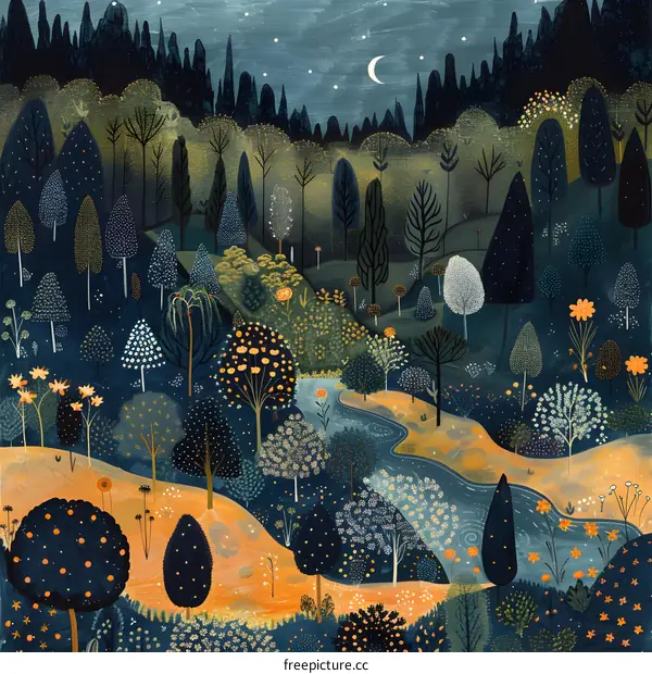 Nighttime Forest Illustration with Crescent Moon and Stars