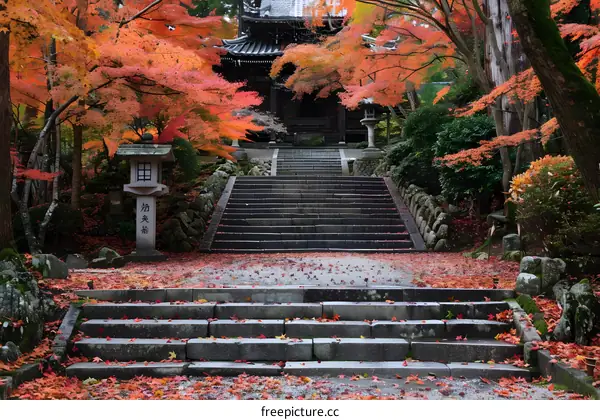 Stone Steps to Japanese Temple in Autumn
