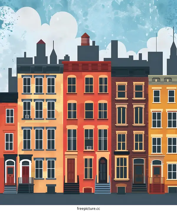 Colorful Row of Houses in City Skyline Illustration