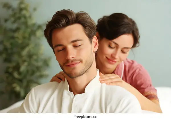 Couple Enjoying Shoulder Massage in Relaxation