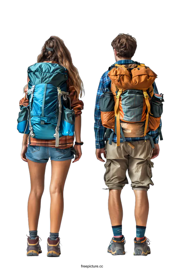 [Transparent Background PNG]Two people with backpacks standing with their backs to the camera