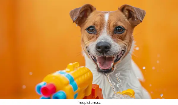 A wet dog is playing with a water gun