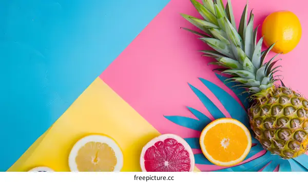 Colorful Summer Fruit Flat Lay with Pineapple, Orange, Lemon and Grapefruit