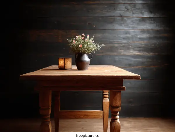 Rustic Wooden Table with Decorated Vase