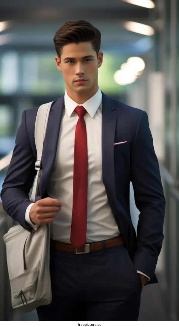 A young professional man in a suit and tie with a messenger bag over his shoulder is walking down a city street.