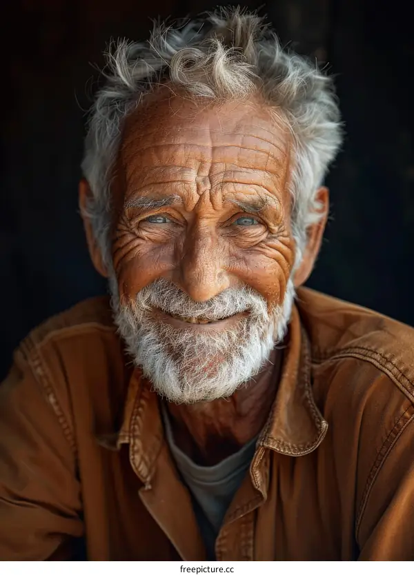 Portrait of a Smiling Elderly Man With White Hair and a Beard